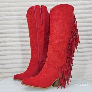 Dusty Roads Red Back Fringe Cowboy Western Cowgirl Boots Tuck Zipper